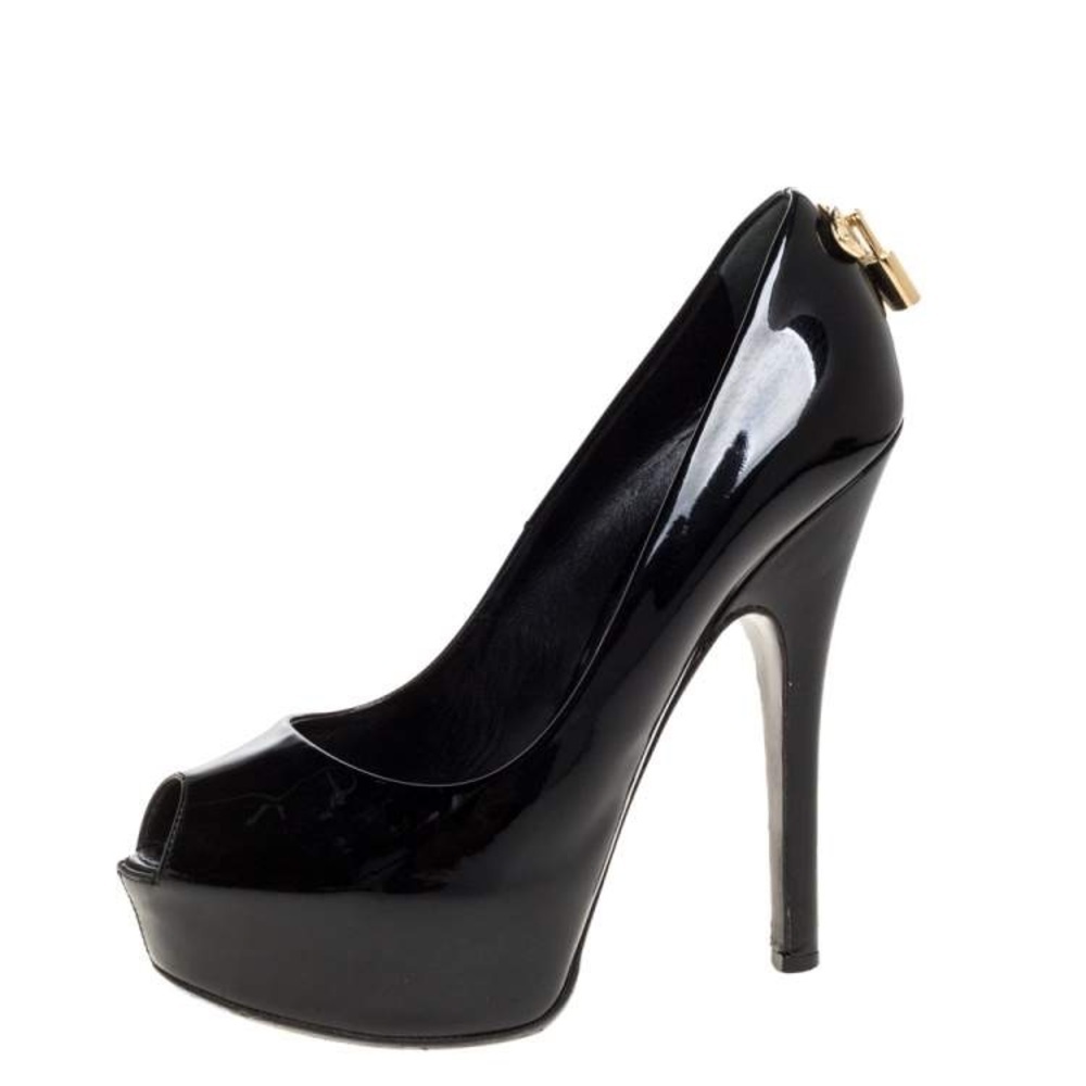 Louis Vuitton Black Patent Leather Lock It Peep Toe Platform Pumps high heels 40